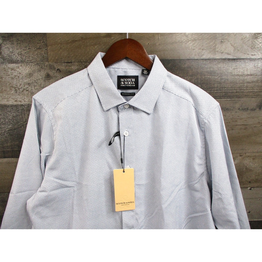 Scotch & Soda Dress Shirt Mens 16.5 Blue White Modern Fit 4 Way Stretch Button